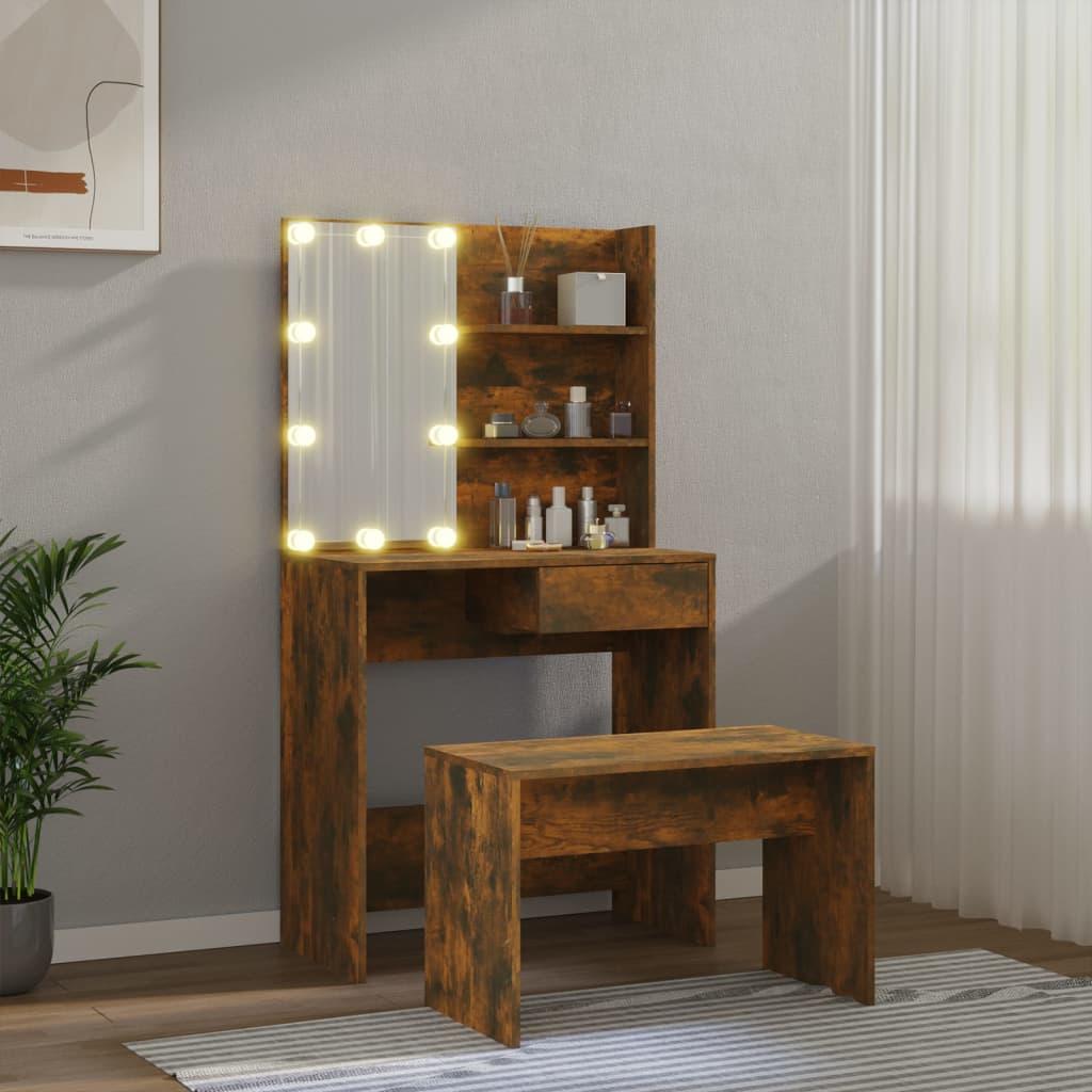 Kosmetinio staliuko komplektas su LED, dūminio ąžuolo, mediena