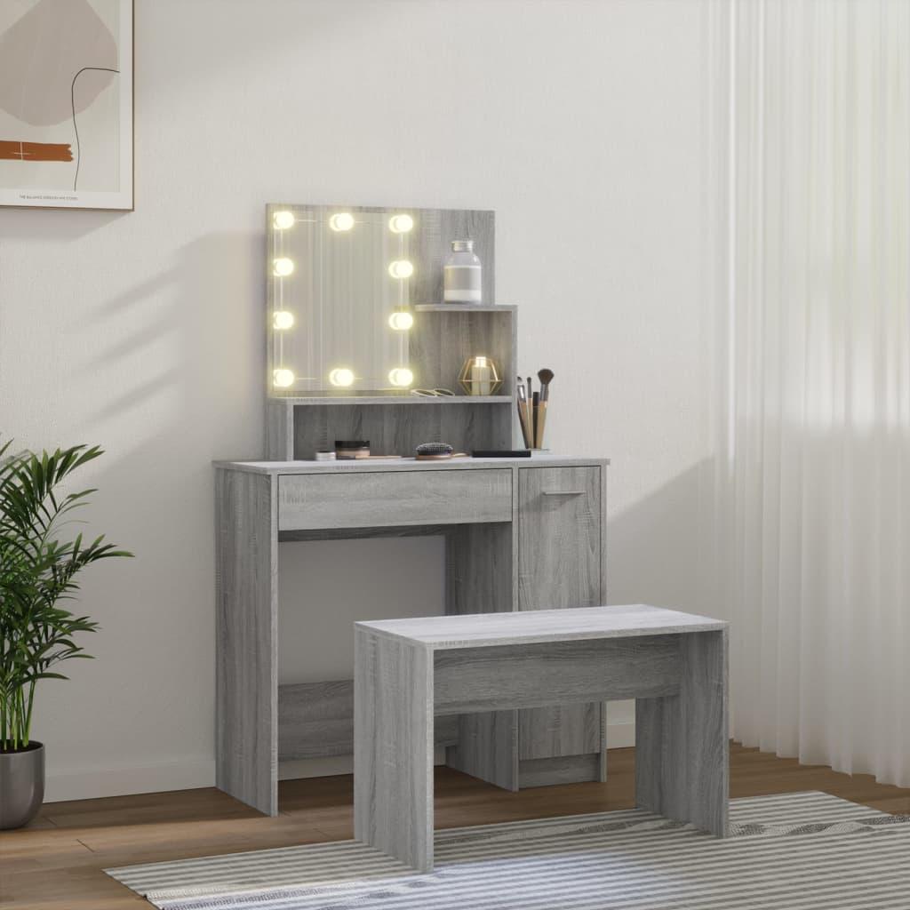 Kosmetinio staliuko komplektas su LED, pilkas ąžuolo, mediena