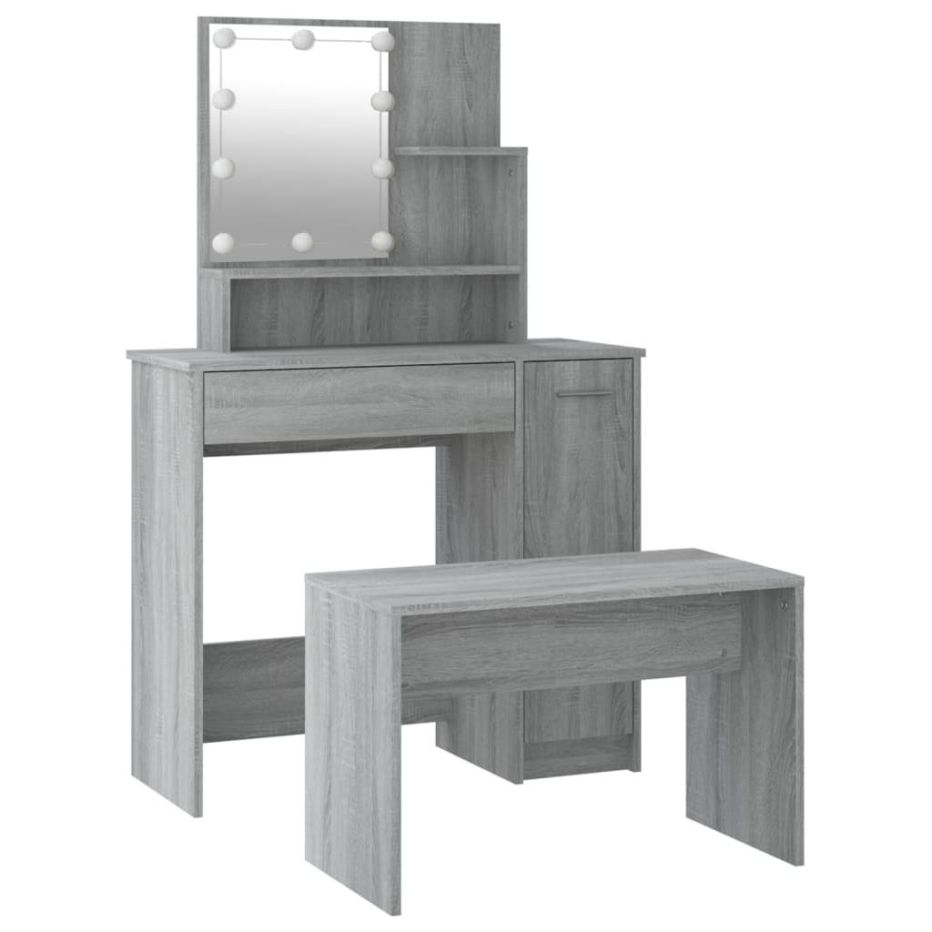 Kosmetinio staliuko komplektas su LED, pilkas ąžuolo, mediena