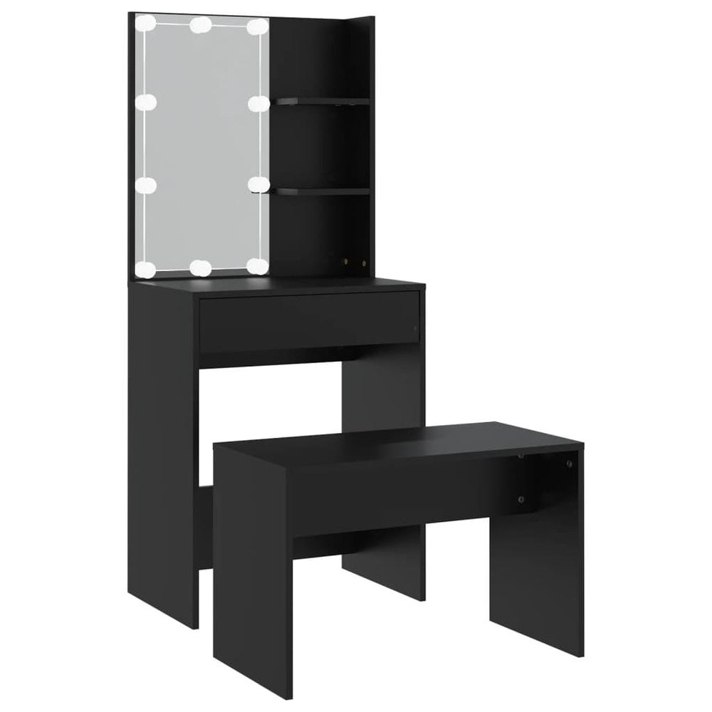 Kosmetinio staliuko su LED komplektas, juodas, apdirbta mediena