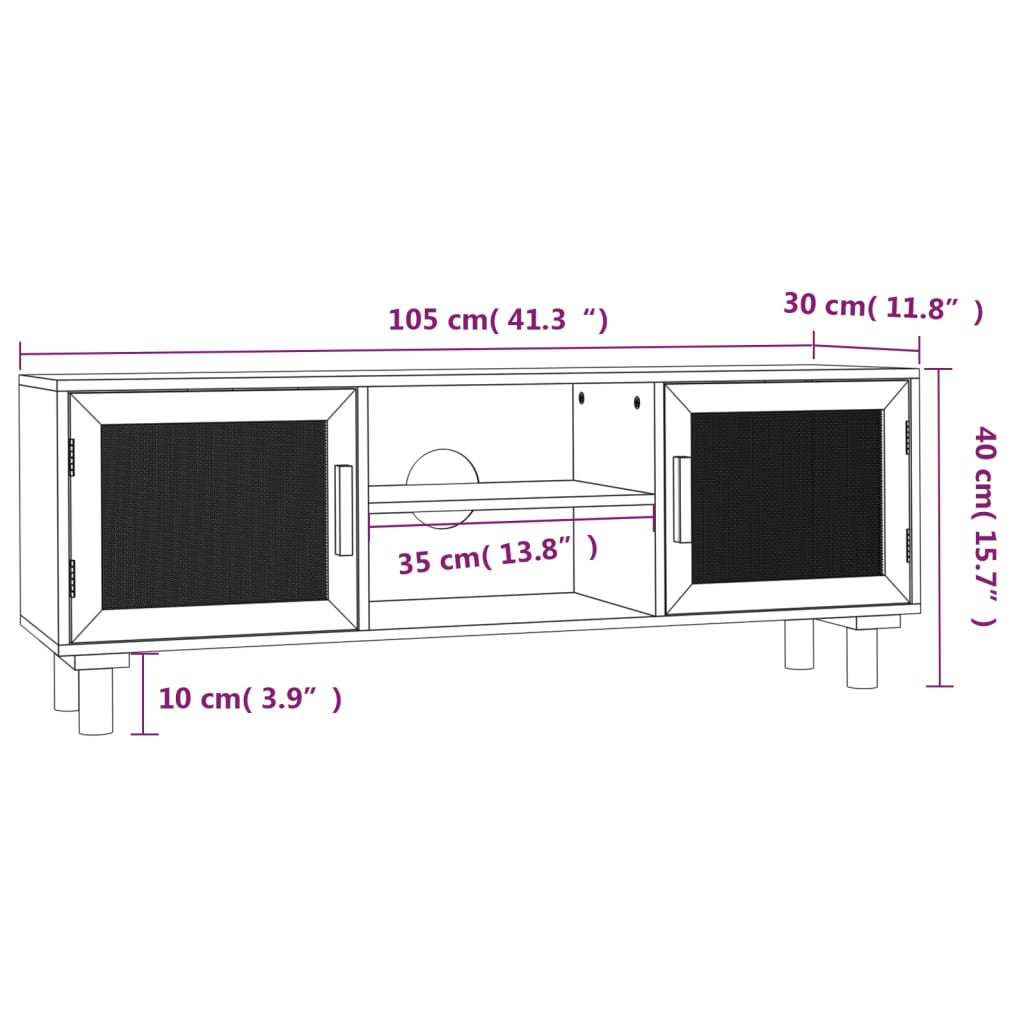 Televizoriaus spintelė, balta, 105x30x40cm, pušis ir ratanas