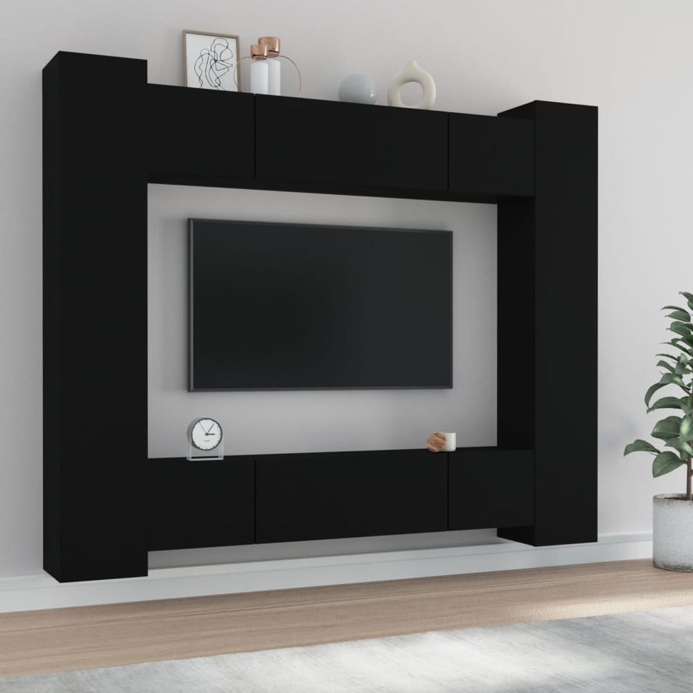 Televizoriaus spintelių komplektas, 8 dalių, juodas, mediena