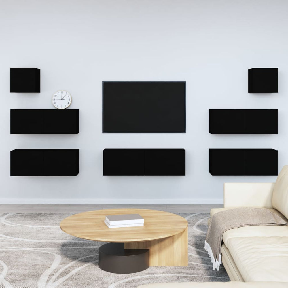 Televizoriaus spintelių komplektas, 7 dalių, juodas, mediena