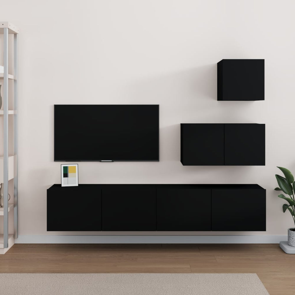 Televizoriaus spintelių komplektas, 4 dalių, juodas, mediena