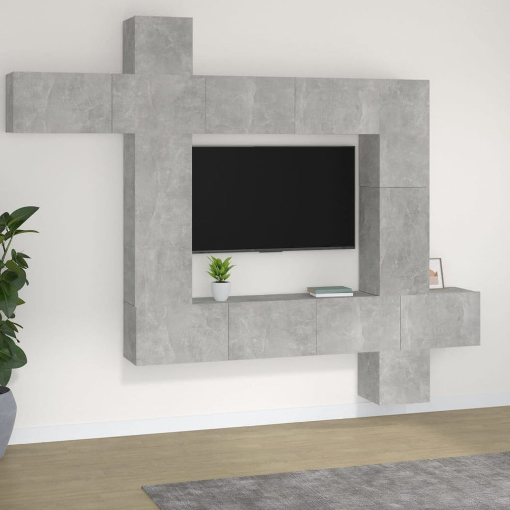 TV spintelių komplektas, 9 dalių, betono pilkas, mediena