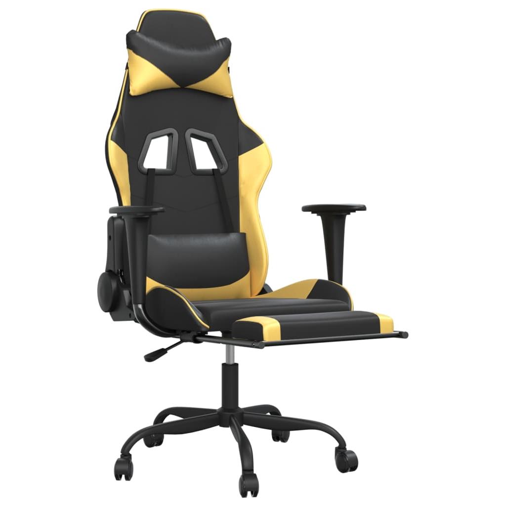 Masažinė žaidimų kėdė su pakoja, juoda ir auksinė, dirbtinė oda (34541)