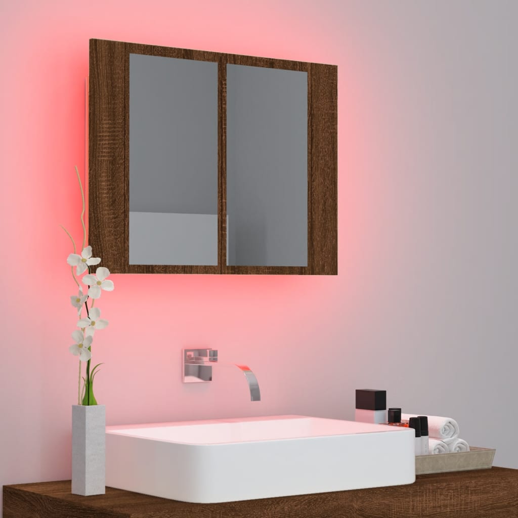 Veidrodinė LED vonios spintelė, ruda, 60x12x45cm, mediena
