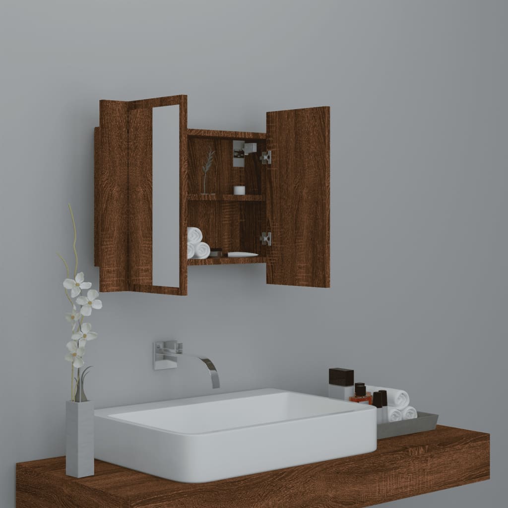 Veidrodinė LED vonios spintelė, ruda, 60x12x45cm, mediena