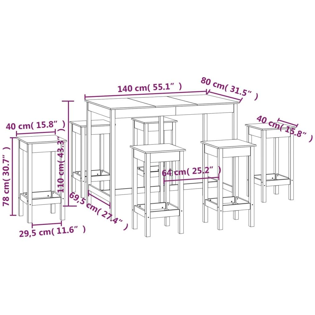 Baro baldų komplektas, 7 dalių, pilkas, pušies medienos masyvas