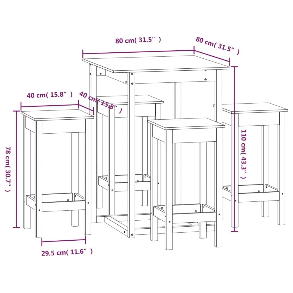 Baro baldų komplektas, 5 dalių, pilkas, pušies medienos masyvas