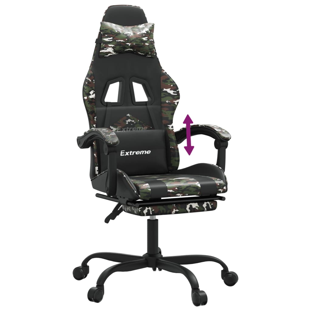 Žaidimų kėdė su pakoja, juoda ir kamufliažinė, dirbtinė oda