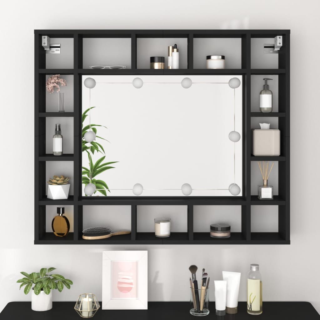 Veidrodinė spintelė su LED, juodos spalvos, 91x15x76,5cm