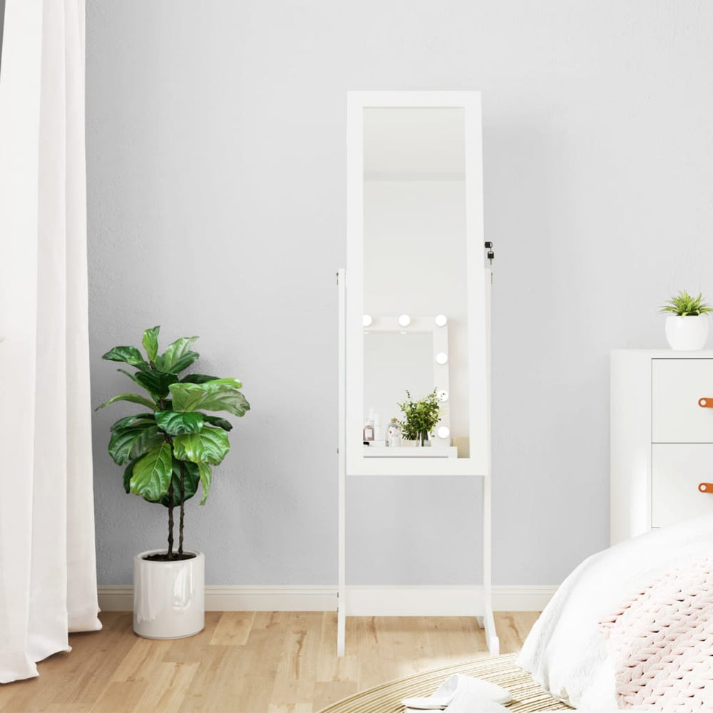 Veidrodinė papuošalų spintelė su LED, balta, laisvai pastatoma