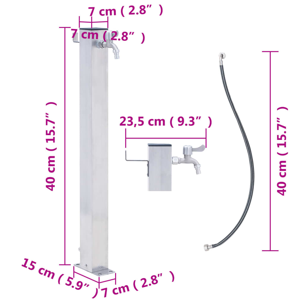 Vandens kolonėlė sodui, 40cm, nerūdijantis plienas, kvadratinė