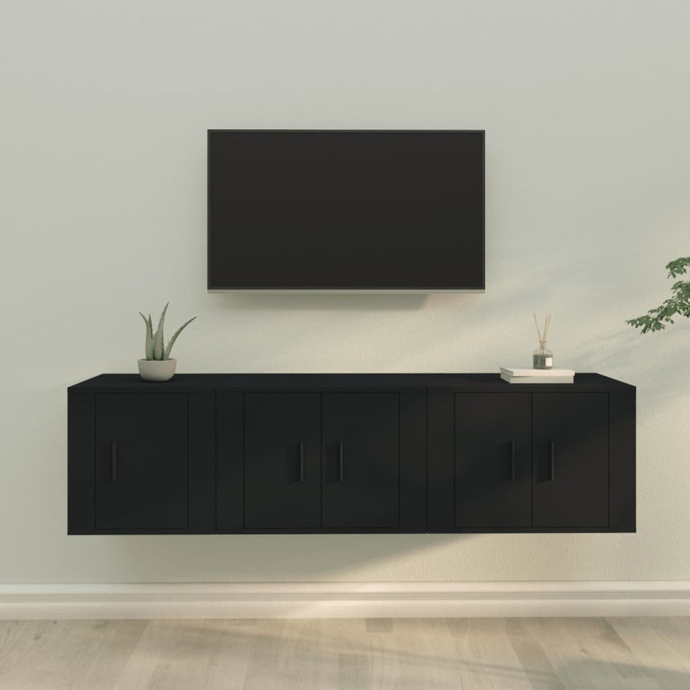 Televizoriaus spintelių komplektas, 3 dalių, juodas, mediena