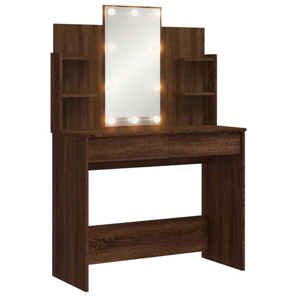 Kosmetinis staliukas su LED lemputėmis, rudas, 96x40x142cm