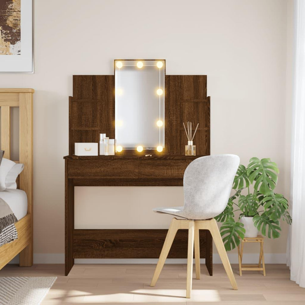 Kosmetinis staliukas su LED lemputėmis, rudas, 96x40x142cm