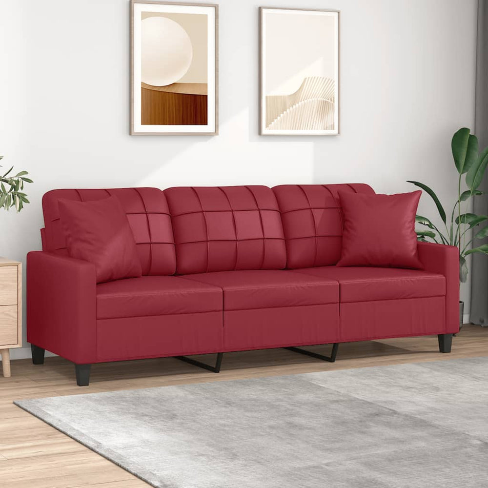 Trivietė sofa su pagalvėlėmis, vyno, 180cm, dirbtinė oda