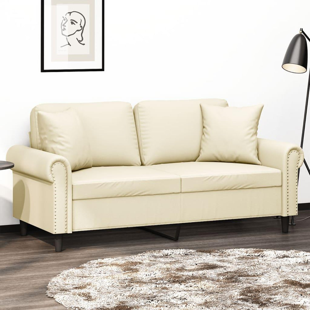 Dvivietė sofa su pagalvėlėmis, kreminė, 140cm, dirbtinė oda