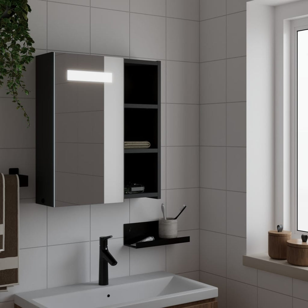 Veidrodinė vonios kambario spintelė su LED, juoda, 45x13x52cm